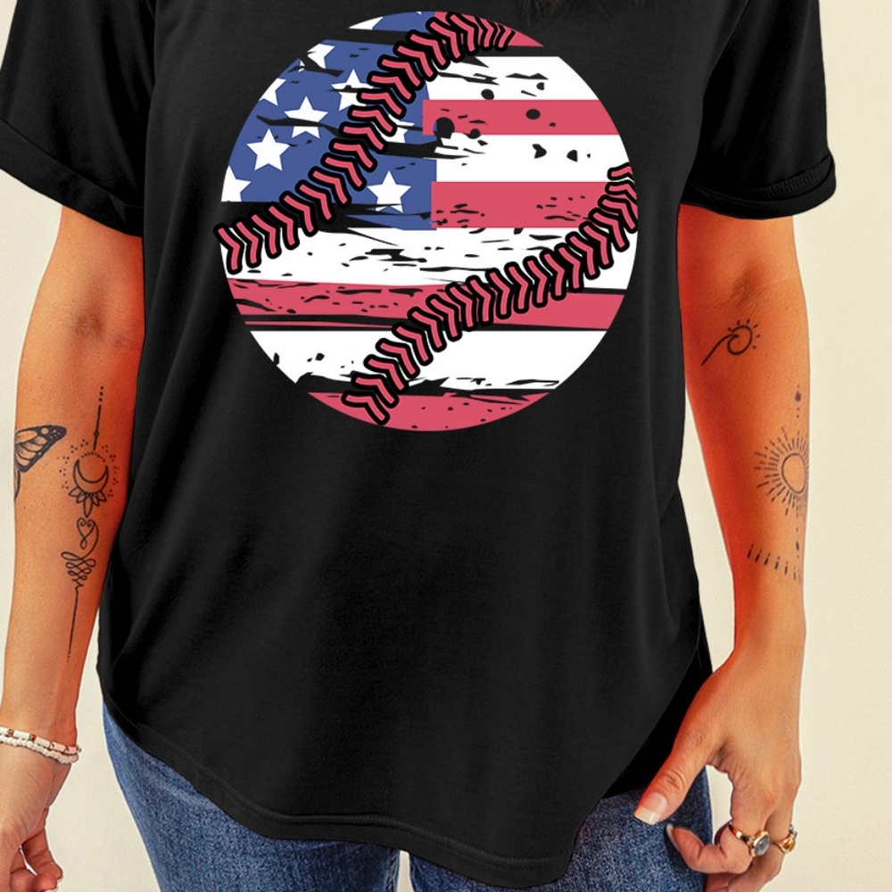 Baseball American Flag Graphic Shirt Patriotic Womens Lightweight Short Sleeve - Picture 9 of 13